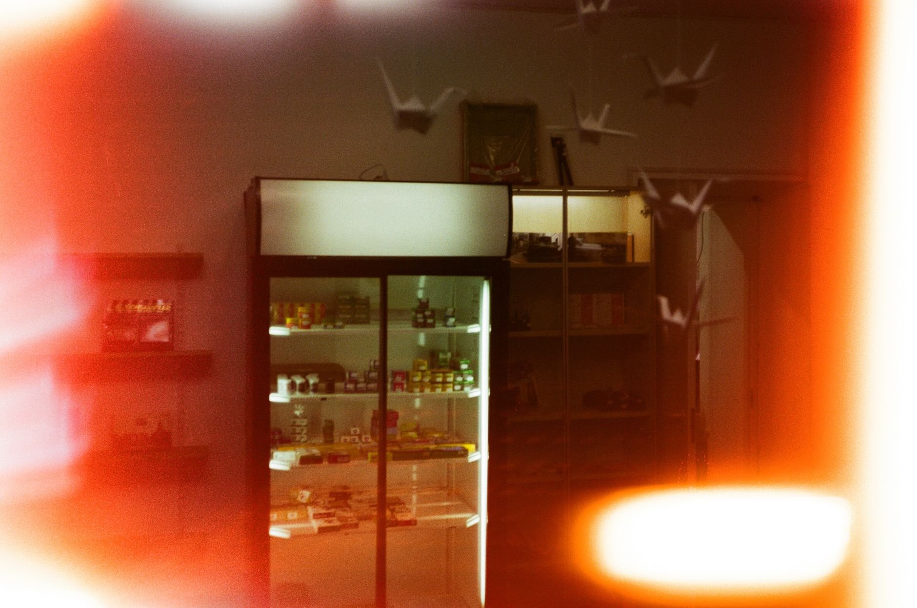 Dimly lit smoke shop interior with display shelves